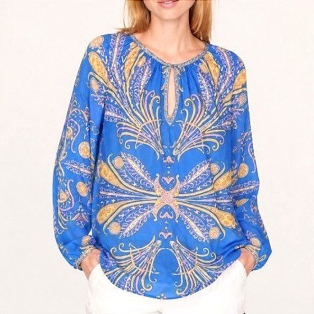 J. Crew Feather & Paisley Blue Yellow Print Silk Cotton Boho Oversize Blouse XL